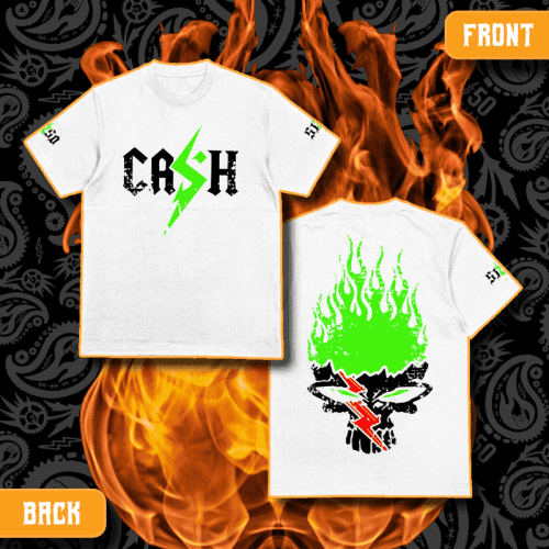 Cash O'Reilly X 5150 Clothing Co. | Standard Issue White T-Shirt | CASH Flamin' Green